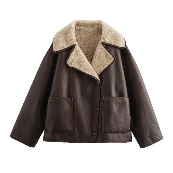 Women’s Brown Coffee Retro Faux Shearling Loose Coat - Image 9