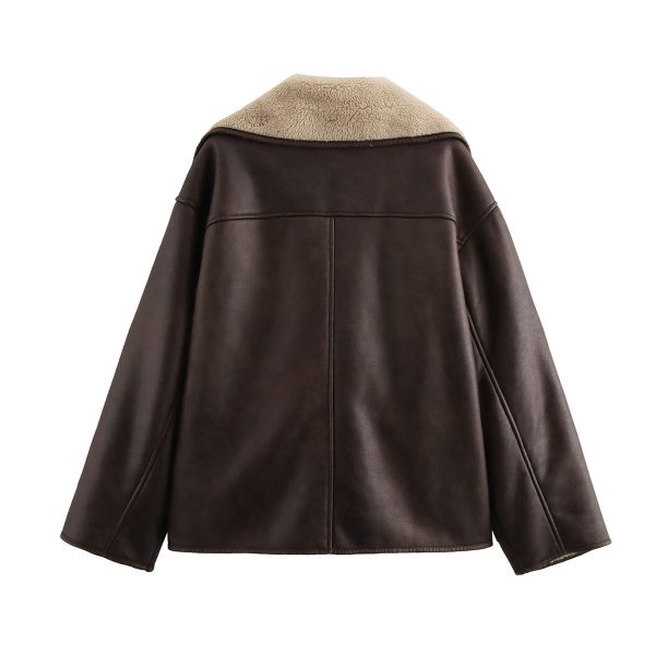 Women’s Brown Coffee Retro Faux Shearling Loose Coat - Image 10