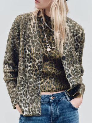 Autumn Animal Print Knitted Metal Bronzing V-Neck Sweater Coat