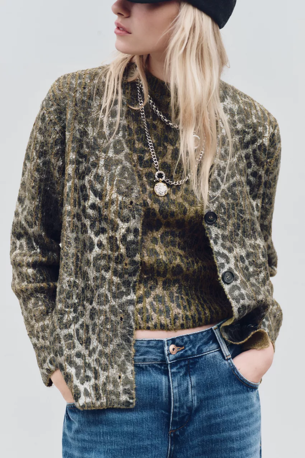 Autumn Animal Print Knitted Metal Bronzing V-Neck Sweater Coat