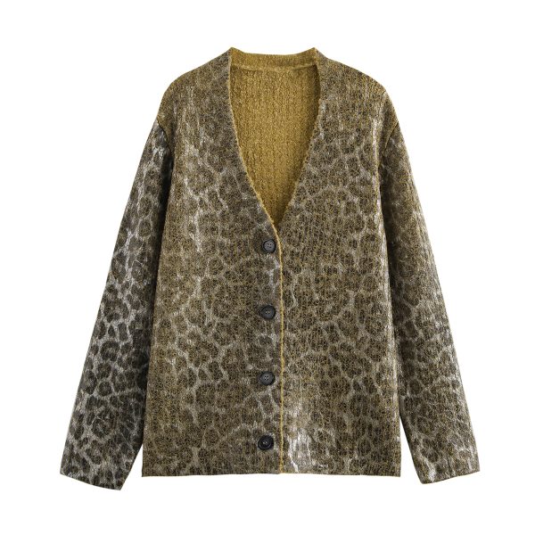 Autumn Animal Print Knitted Metal Bronzing V-Neck Sweater Coat - Image 2