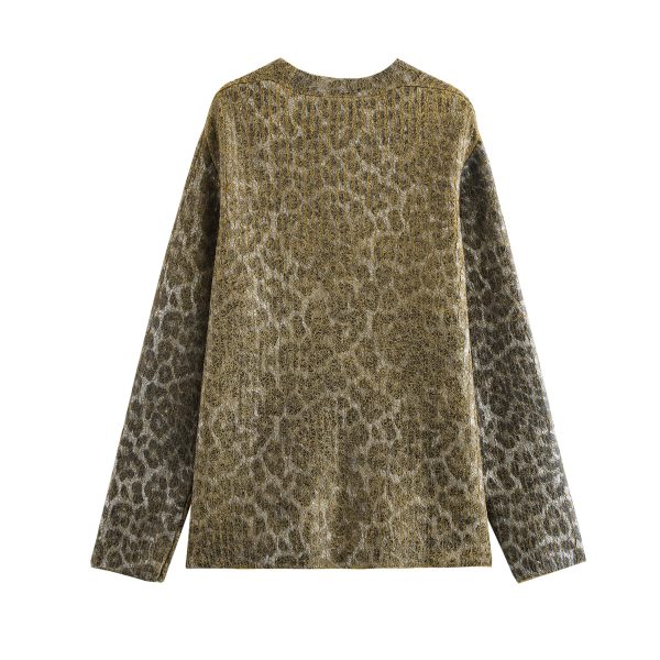 Autumn Animal Print Knitted Metal Bronzing V-Neck Sweater Coat - Image 3