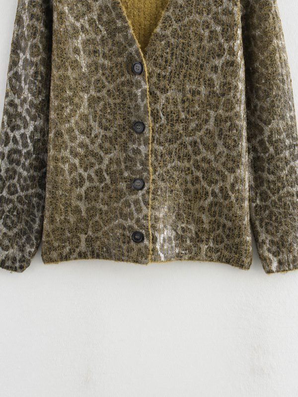 Autumn Animal Print Knitted Metal Bronzing V-Neck Sweater Coat - Image 6