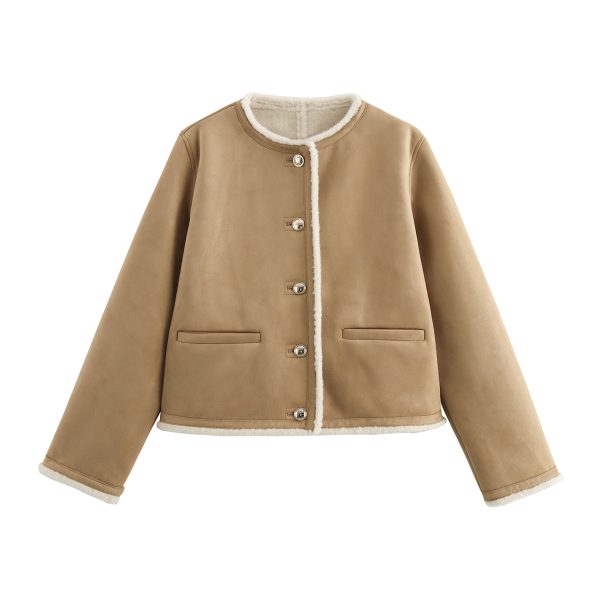 Autumn Winter Women’s Suede Coat with Gold Button Detail - Image 2