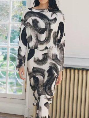 Retro Crew Neck Printed Midi Dress for Fall