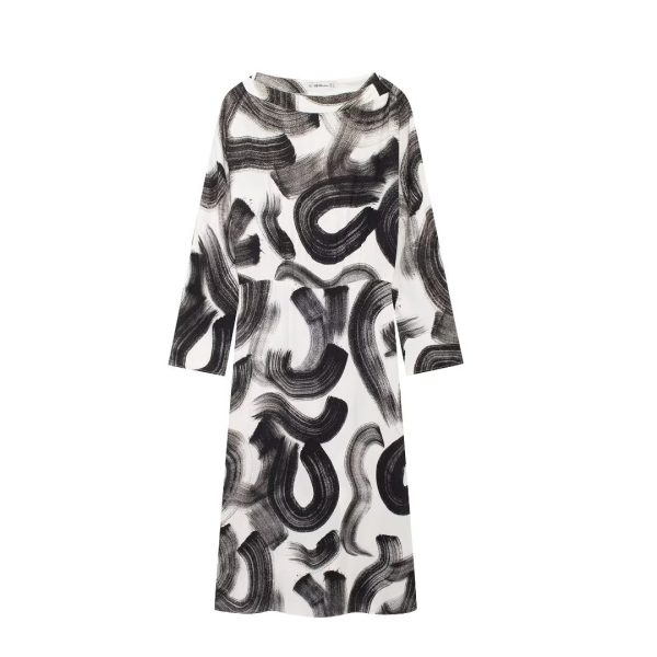 Retro Crew Neck Printed Midi Dress for Fall - Image 2