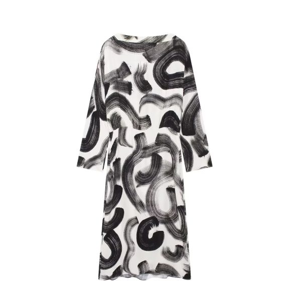 Retro Crew Neck Printed Midi Dress for Fall - Image 3