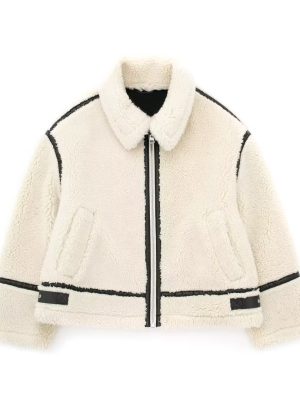 Women’s Collared Fur Jacket with Contrast Color Casual Warm Jacket