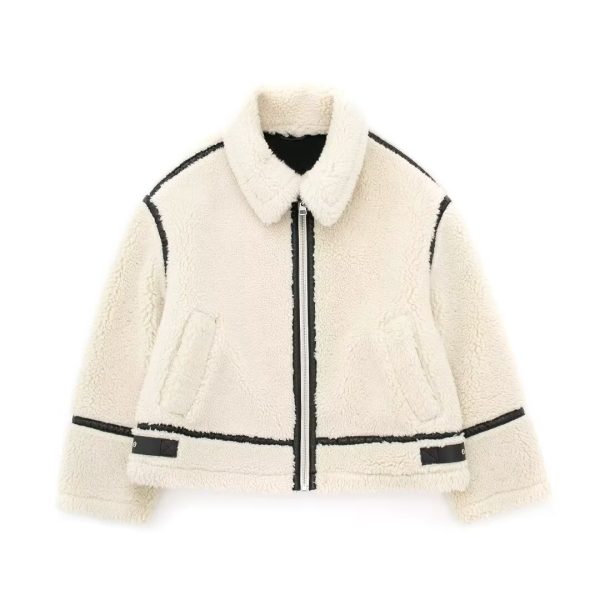 Women’s Collared Fur Jacket with Contrast Color Casual Warm Jacket