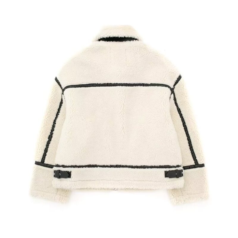Women’s Collared Fur Jacket with Contrast Color Casual Warm Jacket - Image 2