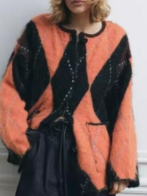 Autumn Winter Rhombus Jacquard Contrast Cardigan Coat