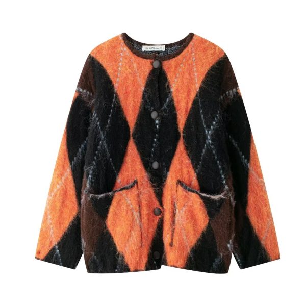 Autumn Winter Rhombus Jacquard Contrast Cardigan Coat - Image 3