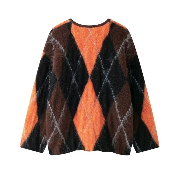 Autumn Winter Rhombus Jacquard Contrast Cardigan Coat - Image 4