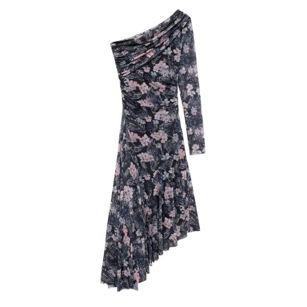 Autumn Women’s Elegant Asymmetric Printing Silk Net Dress - Image 2