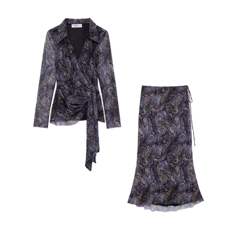 Women’s Fashion Temperament Printed Silk Mesh Shirt & Half Skirt Set - Image 4