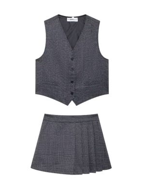 Stripes & Plaid Vest with Pleated Pantskirt Two-Piece Set for Office