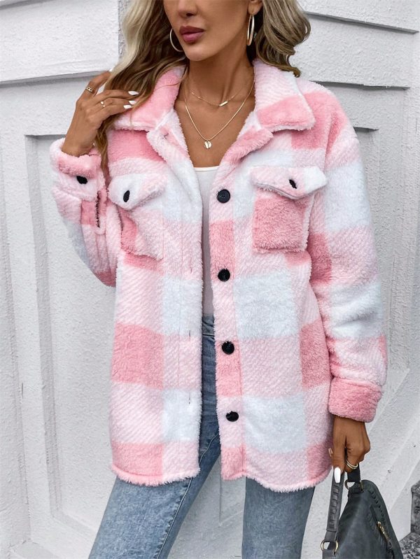 Women’s Color Matching Plaid Button Jacket, Warm Plush Coat