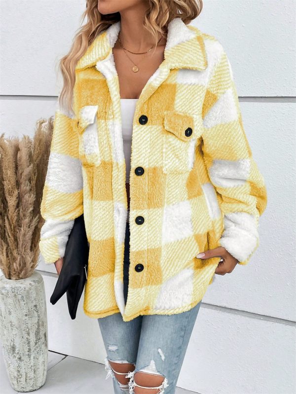 Women’s Color Matching Plaid Button Jacket, Warm Plush Coat - Image 2