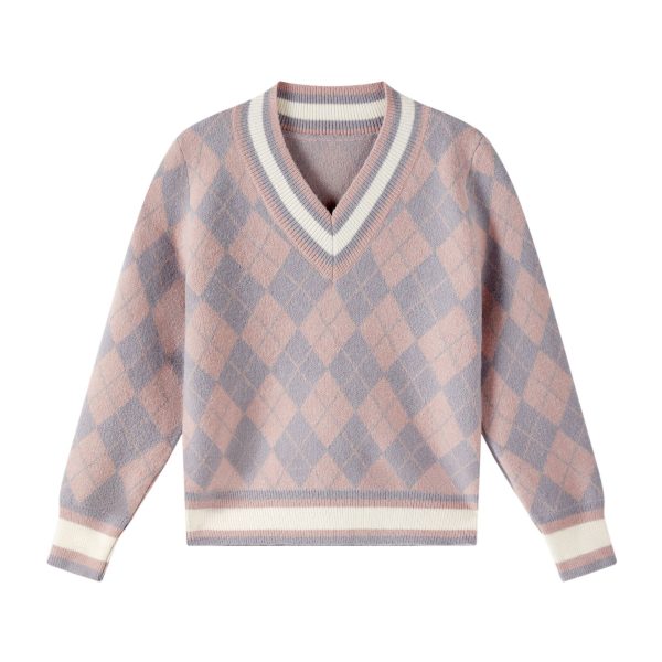 Autumn Winter V-Neck Casual Plaid Pullover Sweater for Women - Image 5