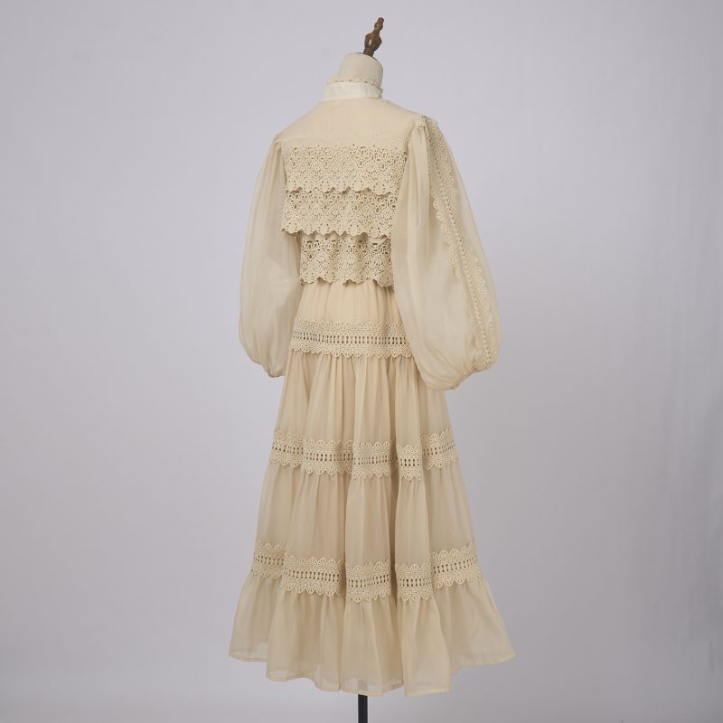Women's Long Lace High-Neck A-Line Dress - Spring & Autumn - Image 4