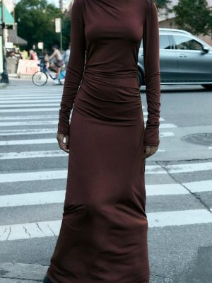 Winter Women’s Elegant Pleated Maxi Dress with Half High Collar