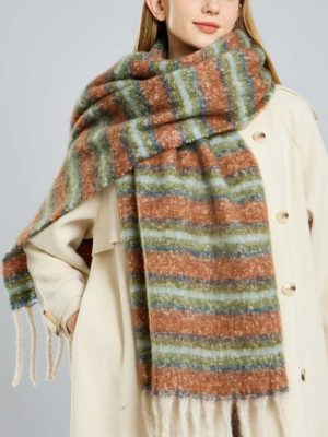 Women’s Mohair Striped Winter Scarf, Warm Cashmere-Like Shawl