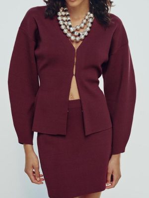 V-Neck Knitted Slim Jacket with Mini Skirt Set