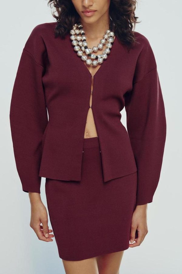 V-Neck Knitted Slim Jacket with Mini Skirt Set