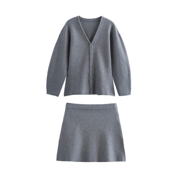 V-Neck Knitted Slim Jacket with Mini Skirt Set - Image 4