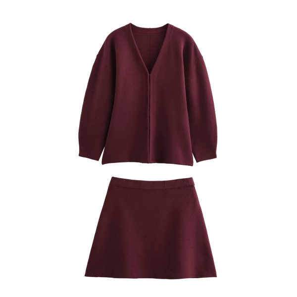 V-Neck Knitted Slim Jacket with Mini Skirt Set - Image 5