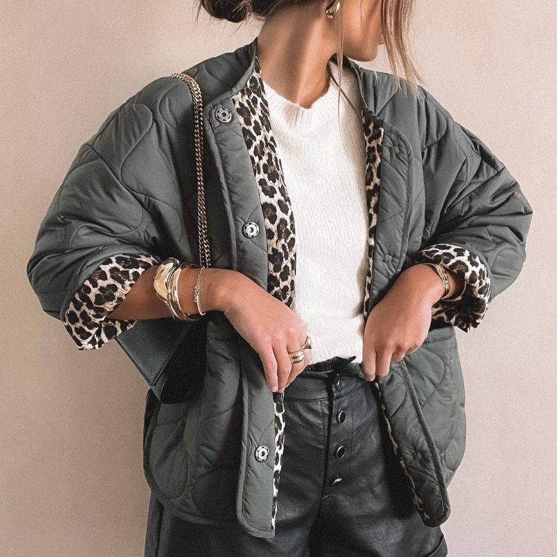 Women’s Autumn Winter Quilted Cotton Leopard Print Coat