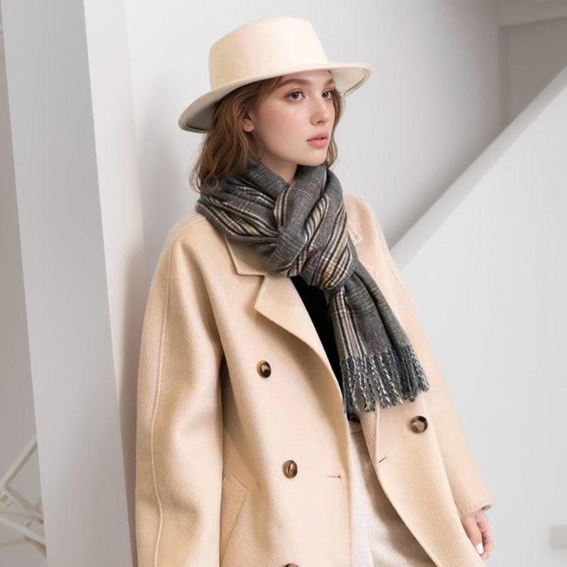 Women’s Thin Barbed Fringe Plaid Vintage Scarf for Winter - Image 2