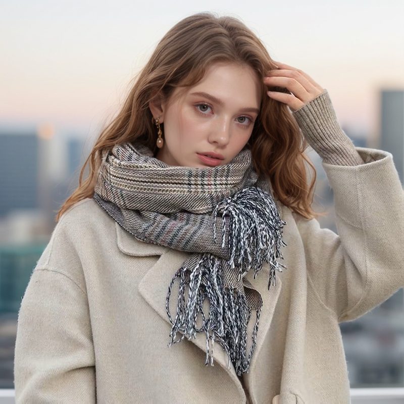 Women’s Thin Barbed Fringe Plaid Vintage Scarf for Winter - Image 3