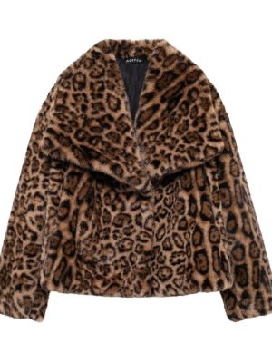 Autumn Winter Leopard Print Artificial Fur Effect Short Coat for Women