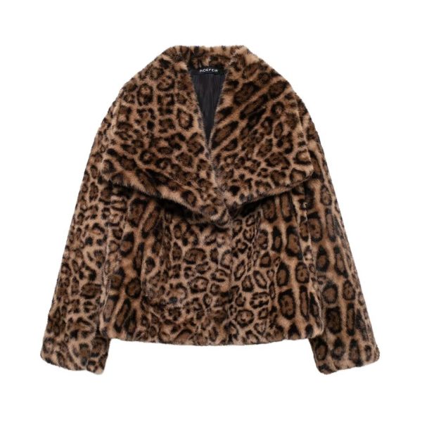 Autumn Winter Leopard Print Artificial Fur Effect Short Coat for Women