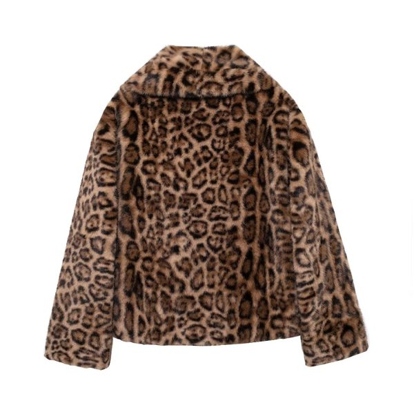 Autumn Winter Leopard Print Artificial Fur Effect Short Coat for Women - Image 2