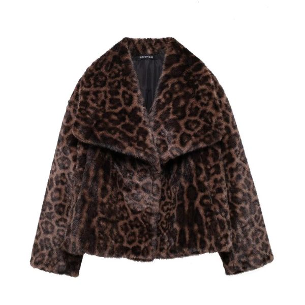 Autumn Winter Leopard Print Artificial Fur Effect Short Coat for Women - Image 3