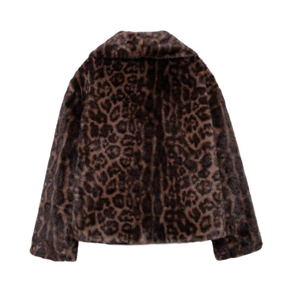 Autumn Winter Leopard Print Artificial Fur Effect Short Coat for Women - Image 4