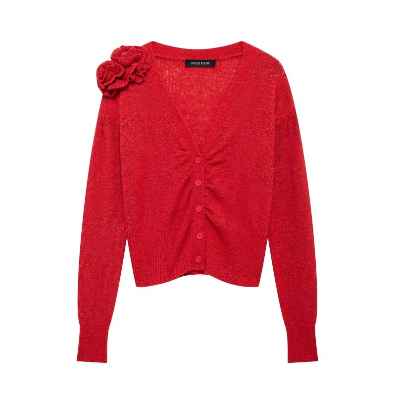 Autumn Winter Red V-Neck Floral Decorative Knitted Coat for Women - Image 3