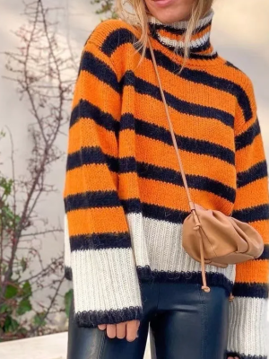 Winter Striped Mock Neck Long Sleeve Sweater for Women