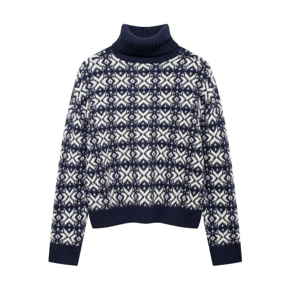 Women’s High Collar Jacquard Long Sleeve Sweater - Image 2