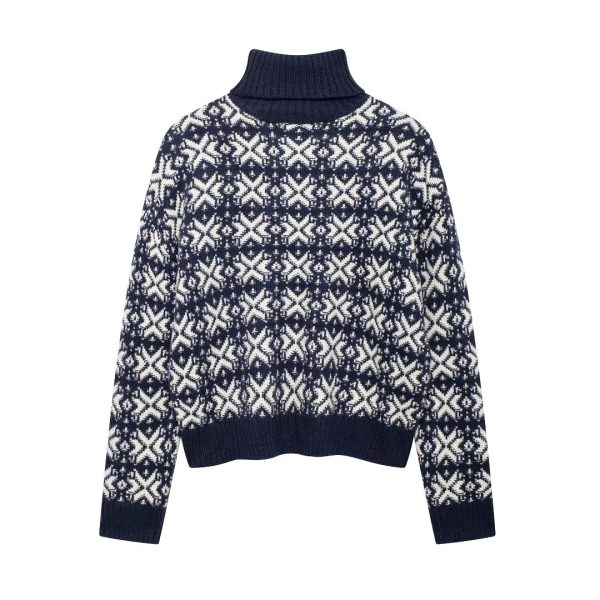 Women’s High Collar Jacquard Long Sleeve Sweater - Image 3