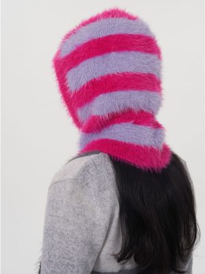 Women’s Striped Mink-Like Knit Balaclava Wool Cap