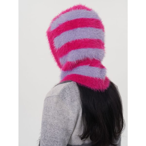 Women’s Striped Mink-Like Knit Balaclava Wool Cap