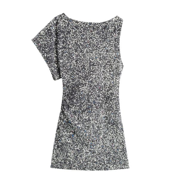 Women’s French Waist Slimming Sequin Short Sleeve Dress - Image 3