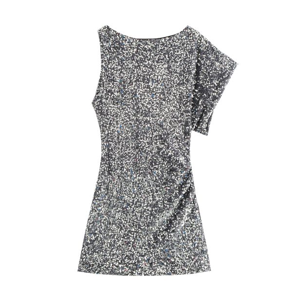 Women’s French Waist Slimming Sequin Short Sleeve Dress - Image 4