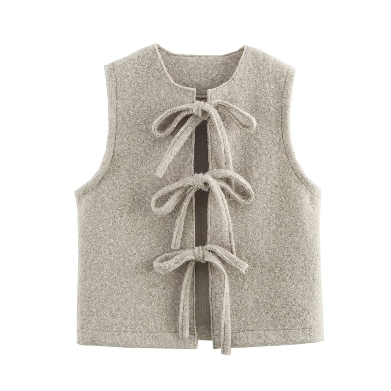 Women’s Bow Tie Sleeveless V-Neck Vest Cardigan for Autumn & Winter - Image 3
