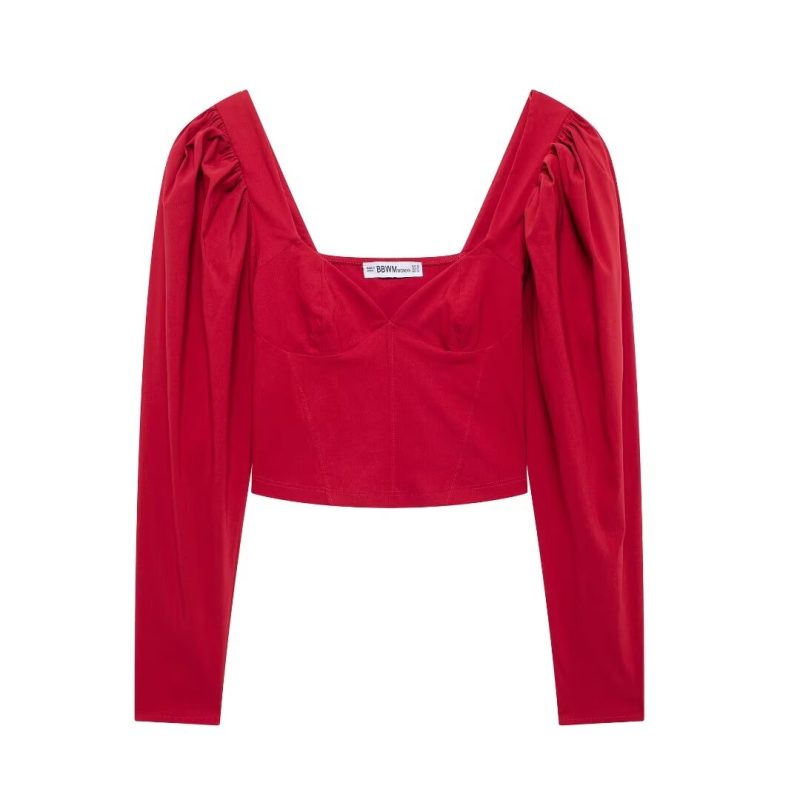 Summer Sweet Slim Fit All-Match Heart-Shaped Collar Puff Sleeves Top - Image 4