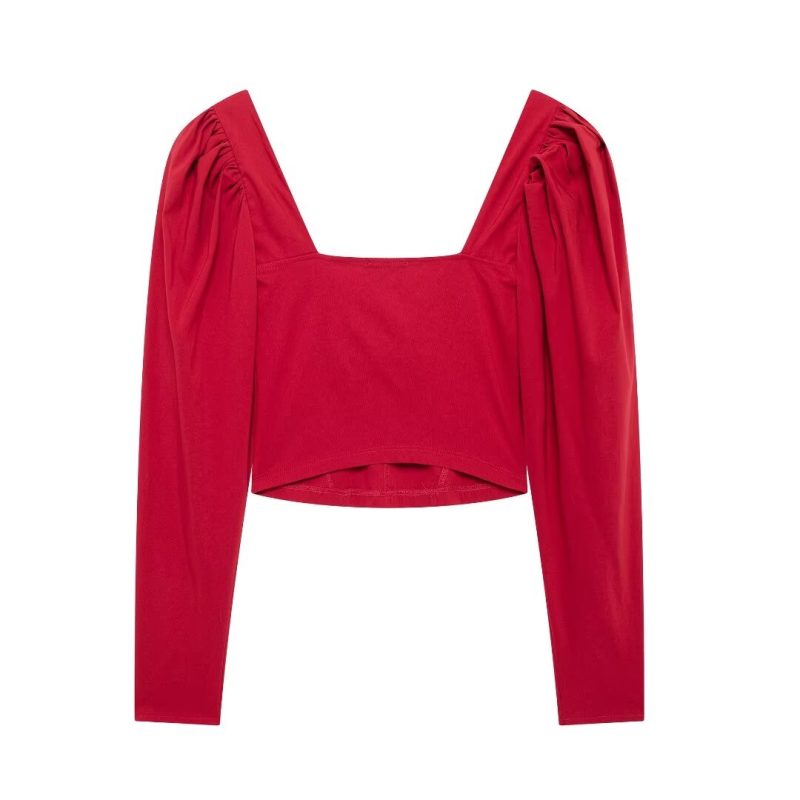 Summer Sweet Slim Fit All-Match Heart-Shaped Collar Puff Sleeves Top - Image 5
