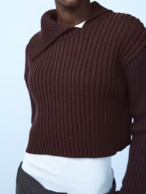 Oblique Collared Rib Knitted Bottoming Shirt Sweater for Autumn Winter